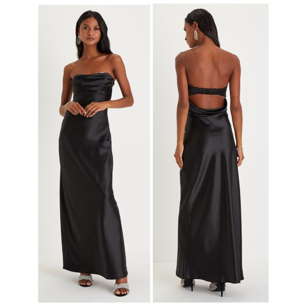 Lulus Exquisite Shine Black Satin Rhinestone Strapless Maxi Dress Size Small NWT